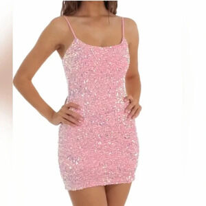 NWOT Lucy In The Sky Pink SexySequin Mini Dress Spaghetti Adjustable Strap SizeL